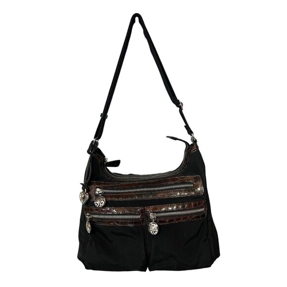 Brighton Handbags - Brighton Crossbody Bag Black Nylon Brown Croc Patent Leather Pockets